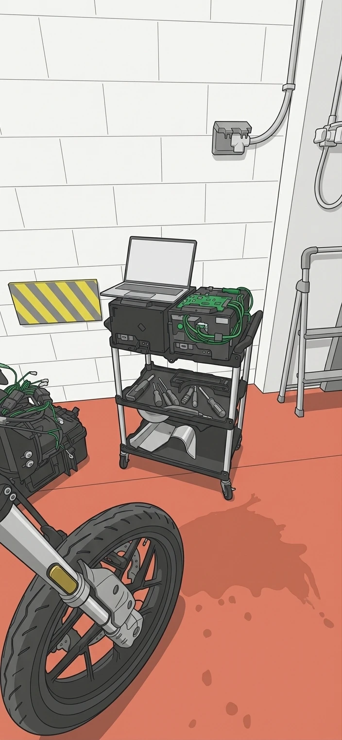 Illustration of the garage bench: a laptop, the controller opened up, and a tool cart beside the front wheel