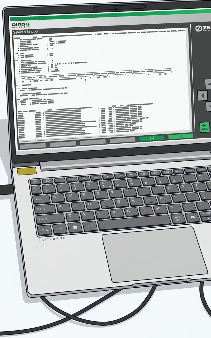 Illustration of a laptop running a Zero diagnostics session, showing a wall of log output