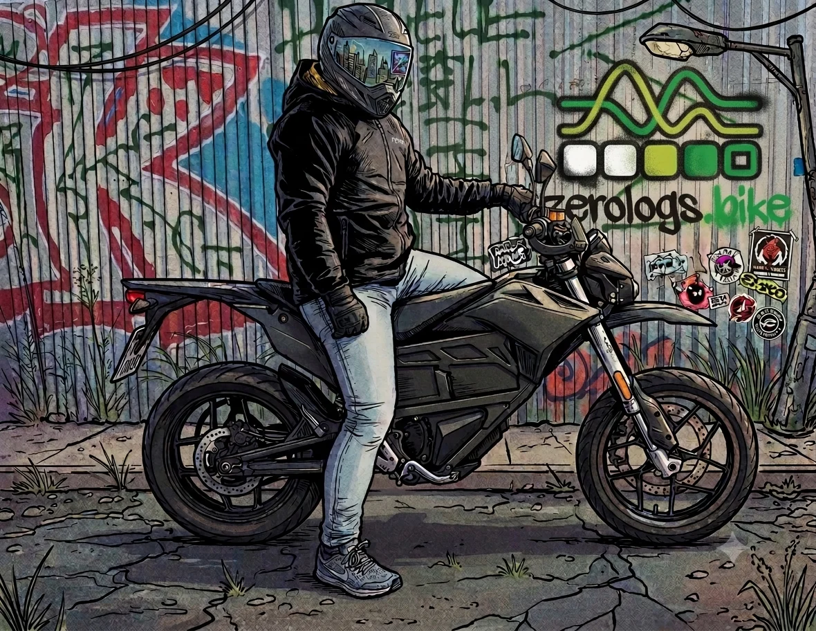 Illustration of the author on his Zero FXS in front of a graffiti wall carrying the zerologs.bike mark