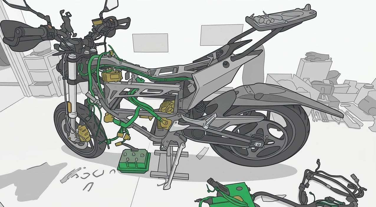 Illustration of the Zero FXS stripped to the bare frame, the wiring harness laid out on the garage floor